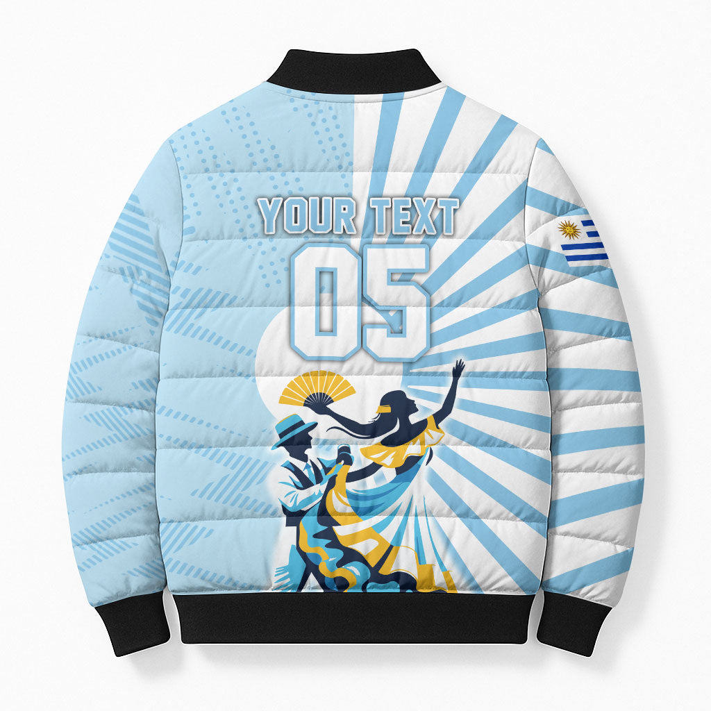 Personalized Uruguay Soccer Bomber Puffer Jacket Cultural Dance Drums Sun Emblem Dynamic Flag