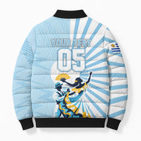 Personalized Uruguay Soccer Bomber Puffer Jacket Cultural Dance Drums Sun Emblem Dynamic Flag