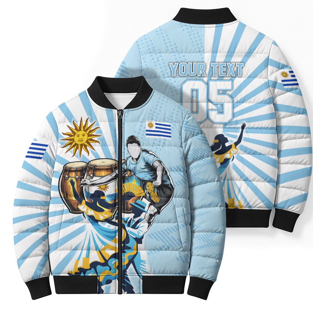 Personalized Uruguay Soccer Bomber Puffer Jacket Cultural Dance Drums Sun Emblem Dynamic Flag