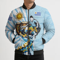 Personalized Uruguay Soccer Bomber Puffer Jacket Cultural Dance Drums Sun Emblem Dynamic Flag