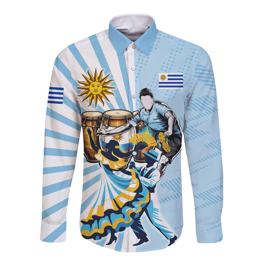 Personalized Uruguay Soccer Long Sleeve Button Shirt Cultural Dance Drums Sun Emblem Dynamic Flag
