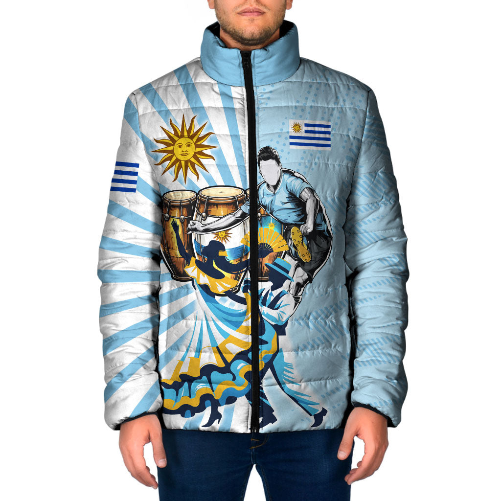 Personalized Uruguay Soccer Padded Jacket Cultural Dance Drums Sun Emblem Dynamic Flag