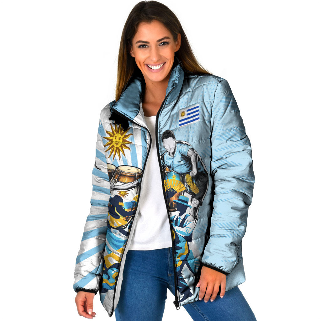 Personalized Uruguay Soccer Padded Jacket Cultural Dance Drums Sun Emblem Dynamic Flag