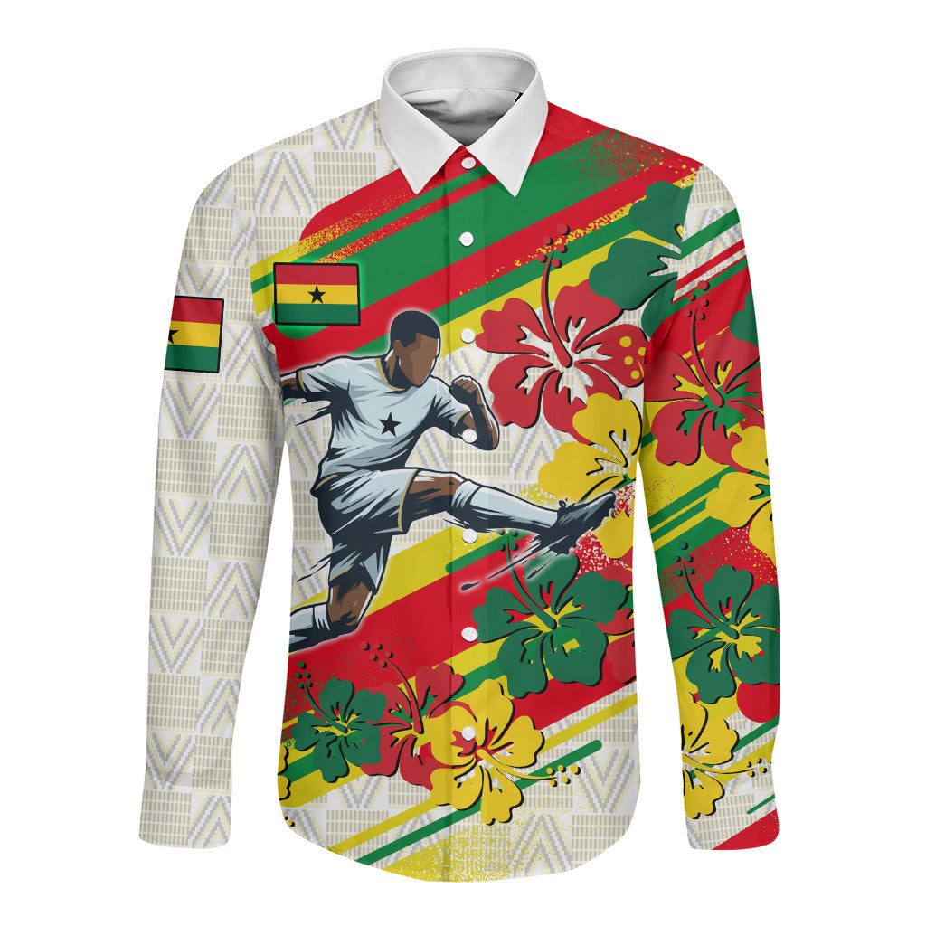 Personalized Ghana Football Long Sleeve Button Shirt Soccer Player Kick - Floral Hibiscus