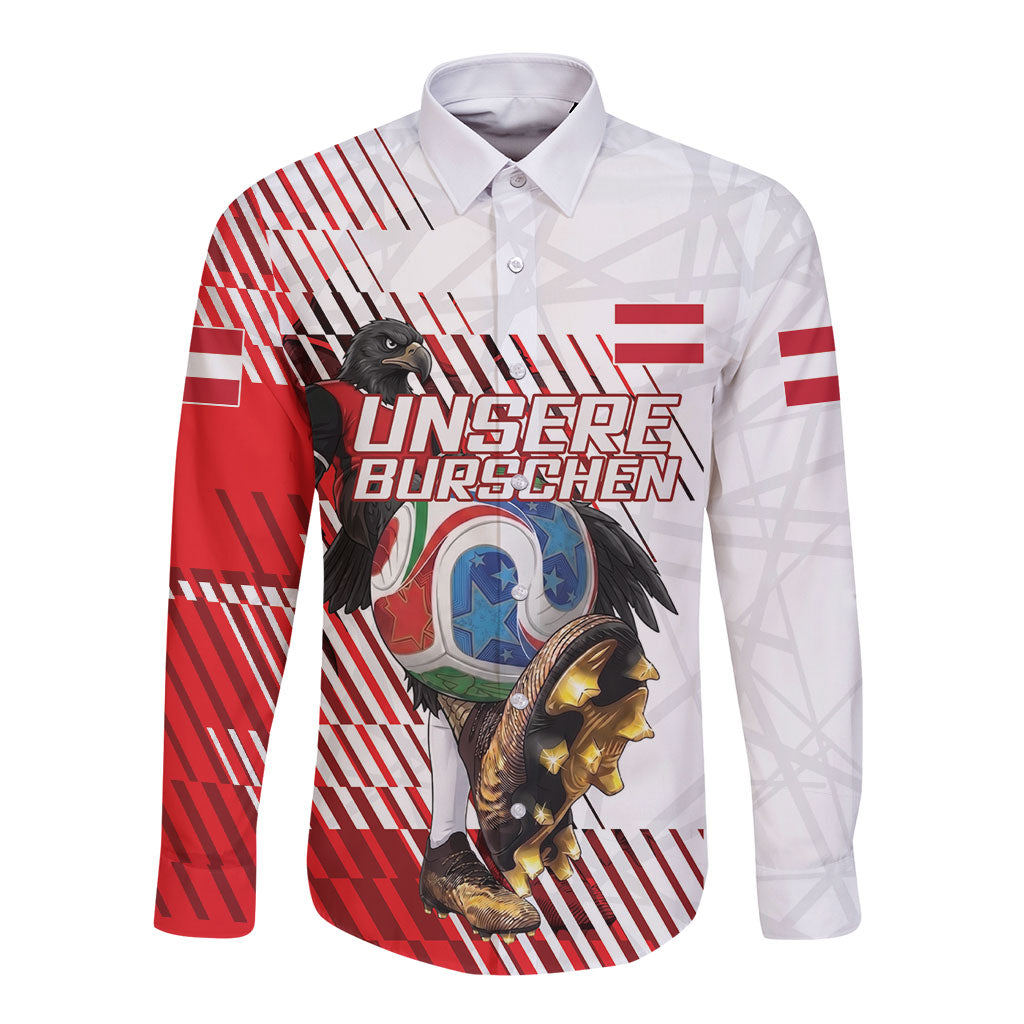 Personalized Austria Football Long Sleeve Button Shirt Unsere Burschen Striped Graphic With Action Player