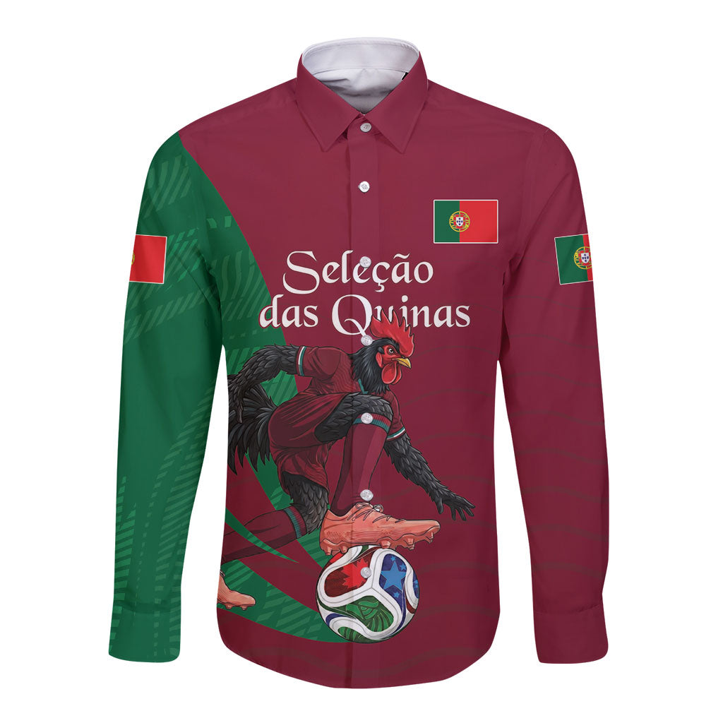 Personalized Portugal Football Selecao Das Quinas Long Sleeve Button Shirt Iconic Soccer Player Illustration With Portugal Flag