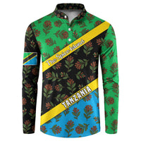 Multicolor button-front sweatshirt with leaf print and diagonal Tanzania flag stripes