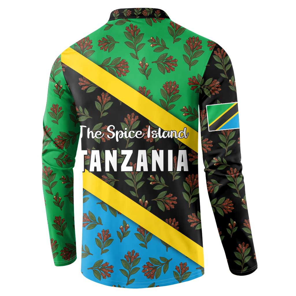 Back of multicolor button-front sweatshirt with leaf print and 'TANZANIA' text
