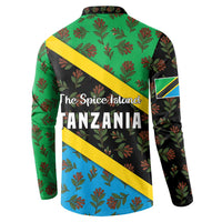 Back of multicolor button-front sweatshirt with leaf print and 'TANZANIA' text