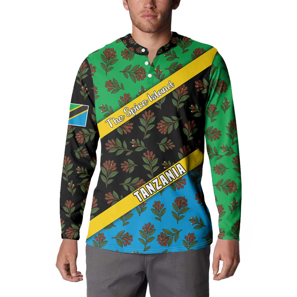 Multicolor button-front sweatshirt worn by model, leaf print and diagonal flag stripes