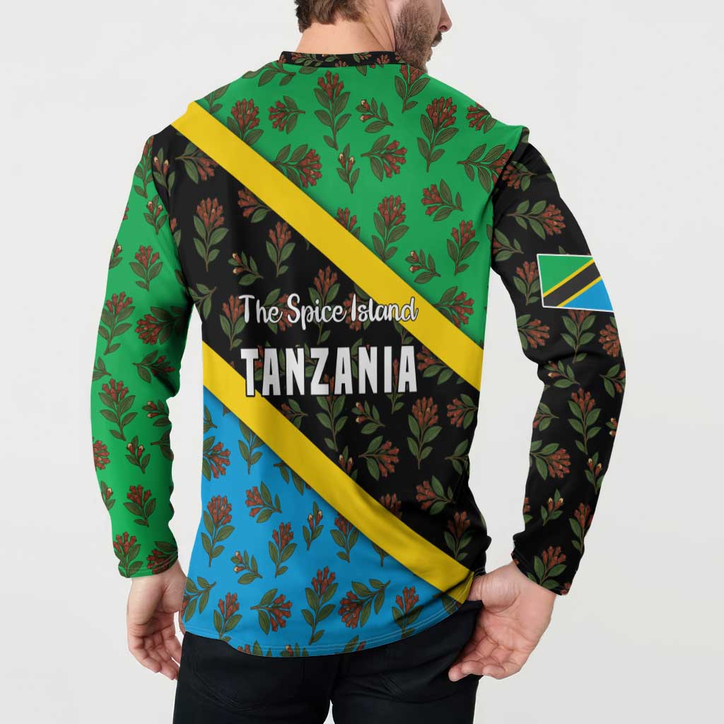 Back view multicolor button-front sweatshirt with leaf print and yellow diagonal stripe