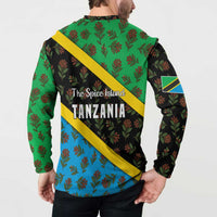 Back view multicolor button-front sweatshirt with leaf print and yellow diagonal stripe