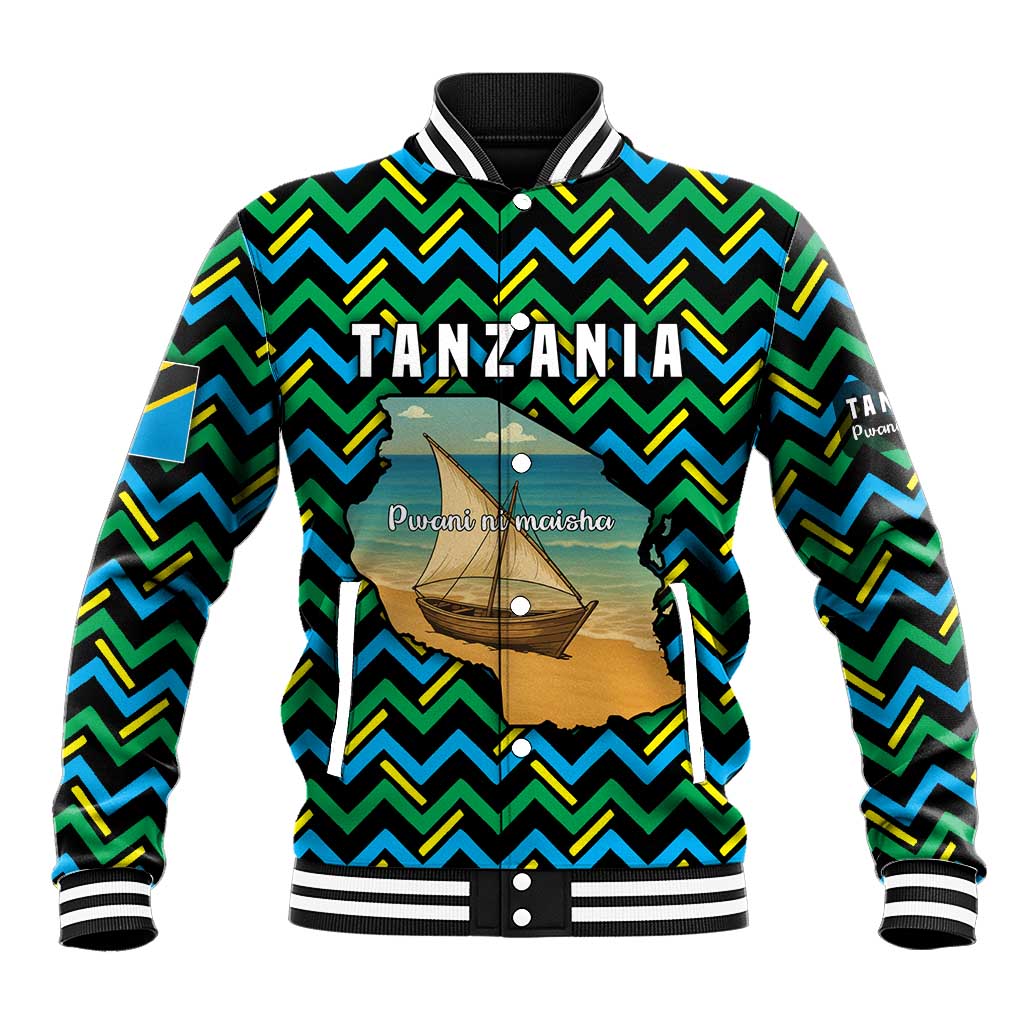 Multicolor baseball jacket with zigzag pattern and front dhow boat graphic, striped collar
