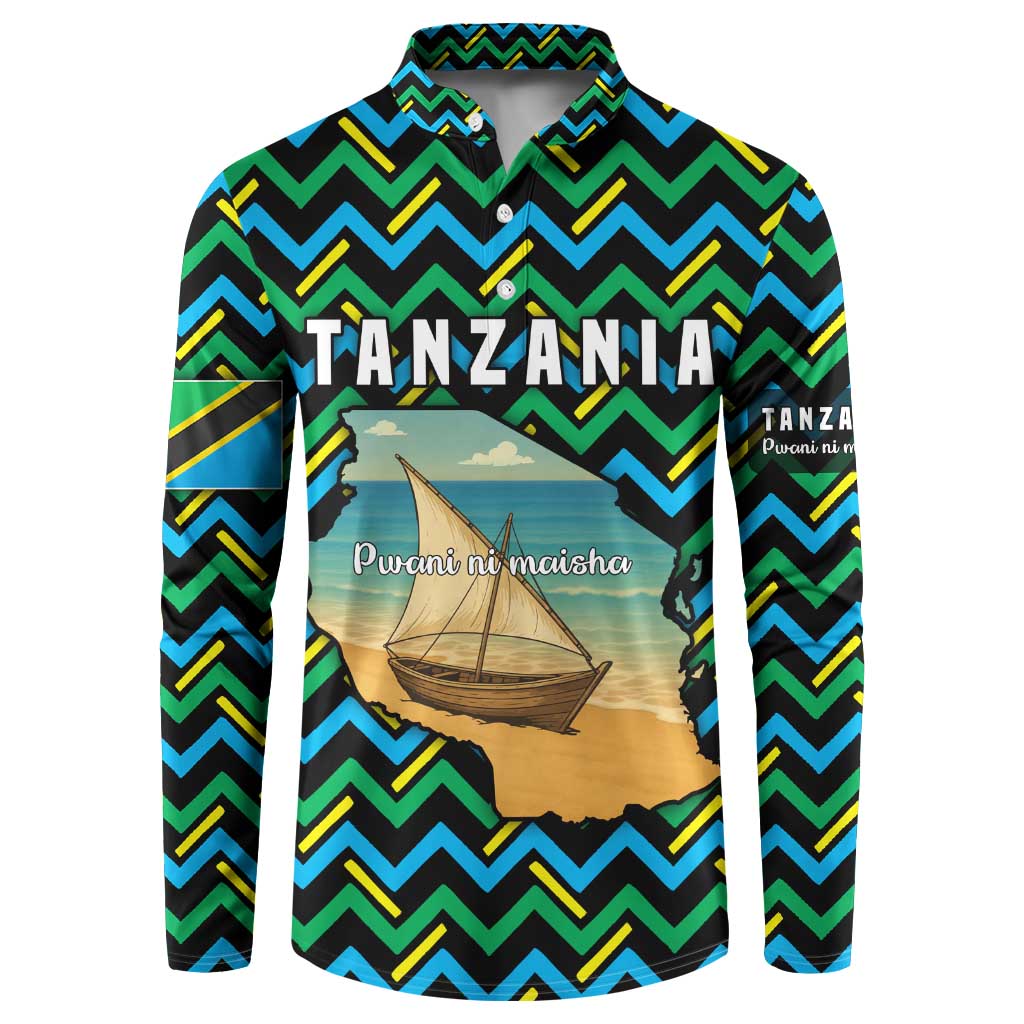 Multicolor chevron button sweatshirt with Tanzania text and dhow boat graphic on front