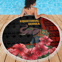 Equatorial Guinea Elephant Beach Blanket with Hibiscus Flowers and Tribal Patterns