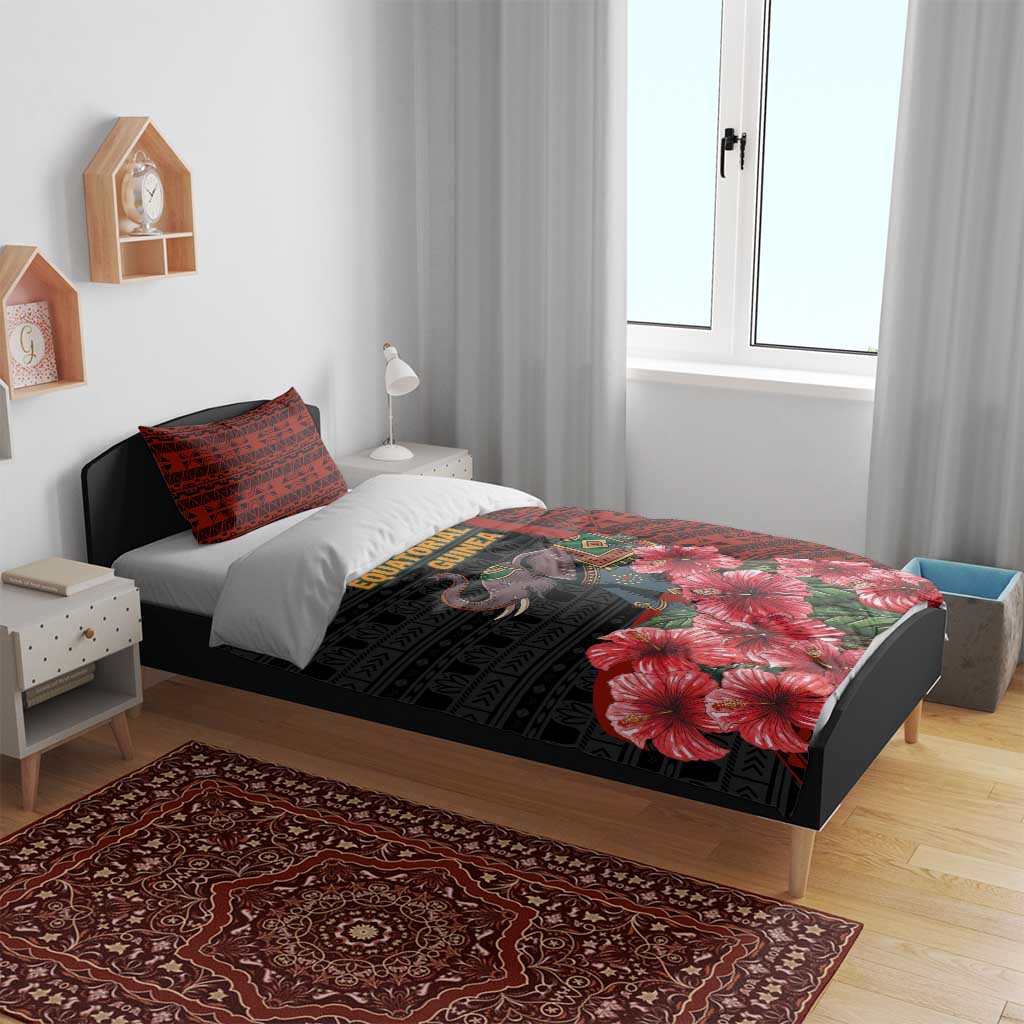 Equatorial Guinea Elephant Bedding Set with Hibiscus Flowers and Tribal Patterns