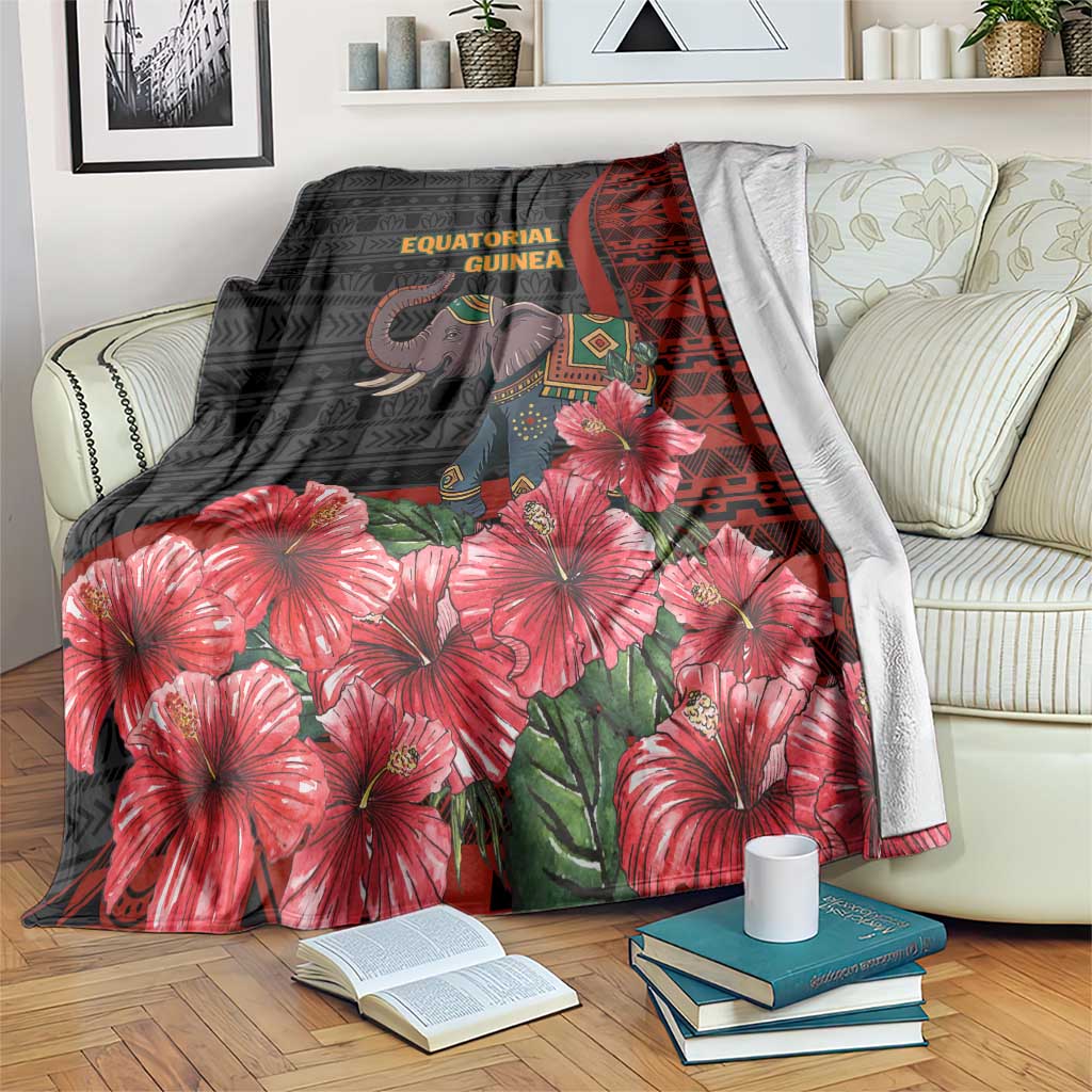 Equatorial Guinea Elephant Blanket with Hibiscus Flowers and Tribal Patterns