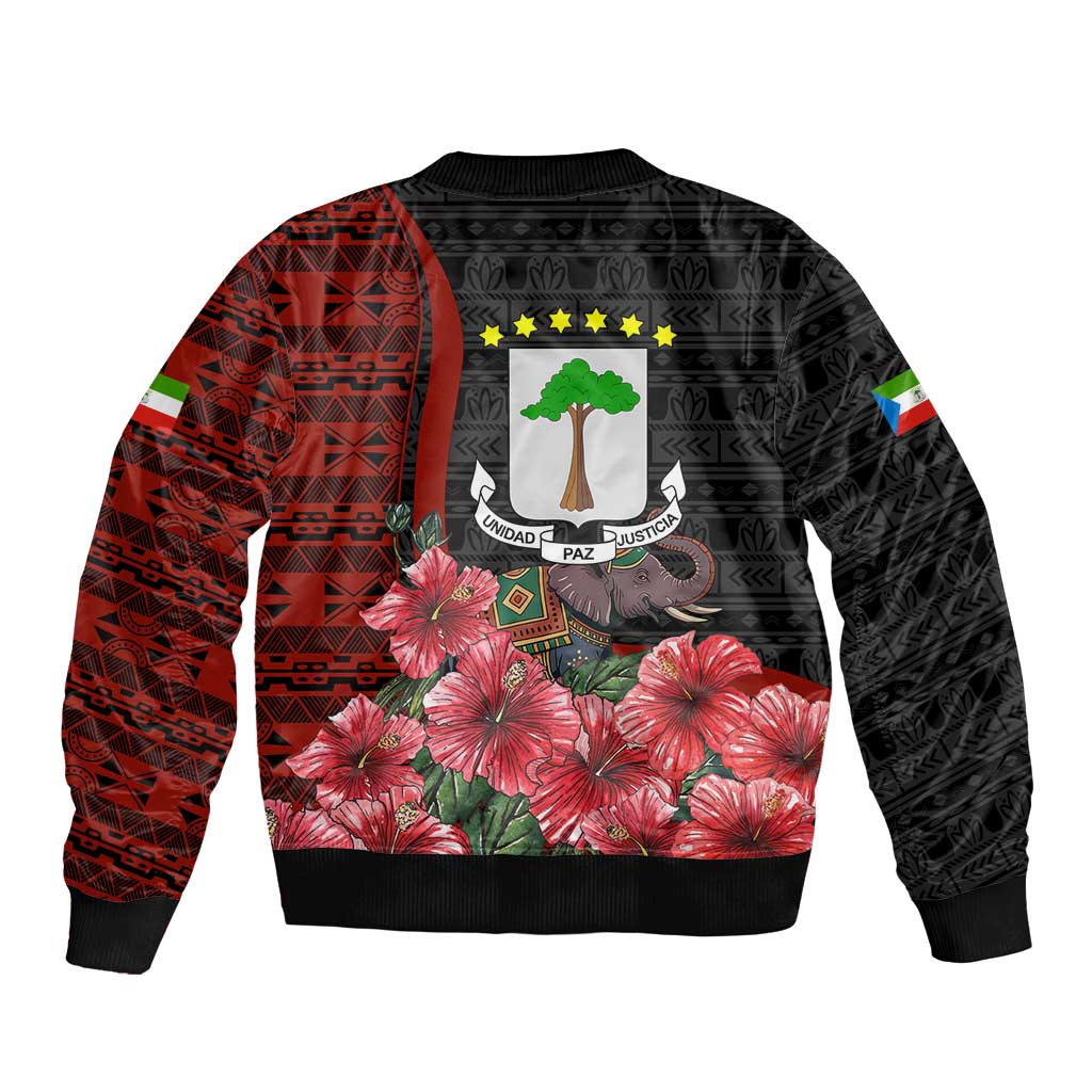 Equatorial Guinea Elephant Bomber Jacket with Hibiscus Flowers and Tribal Patterns