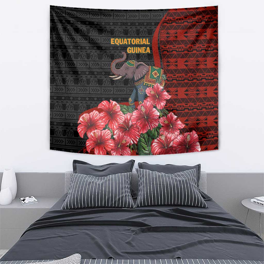 Equatorial Guinea Elephant Tapestry with Hibiscus Flowers and Tribal Patterns