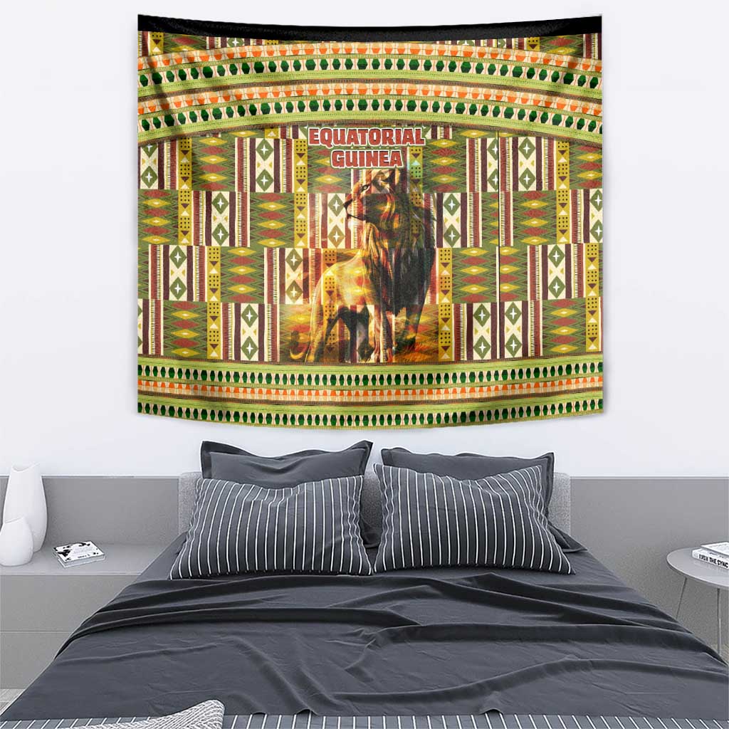 Equatorial Guinea Tapestry with Lion Print and Traditional African Kente Patterns