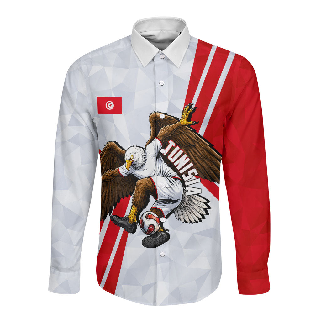 Personalized Tunisia Soccer Long Sleeve Button Shirt Tunisia Flag Eagle Football Mascot