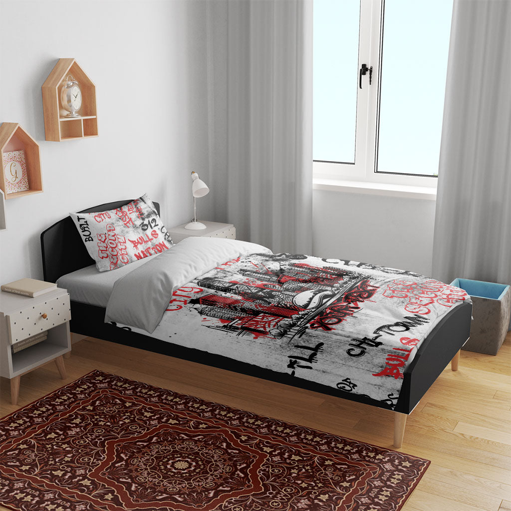 Personalized Chicago City Skyline Bedding Set Urban Graffiti - Cloud Gate - Windy City Typography