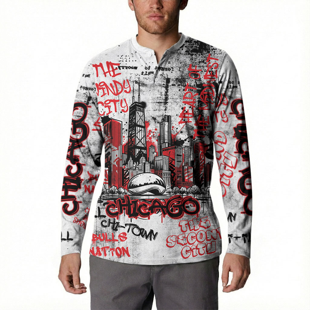 Personalized Chicago City Skyline Button Sweatshirt Urban Graffiti - Cloud Gate - Windy City Typography