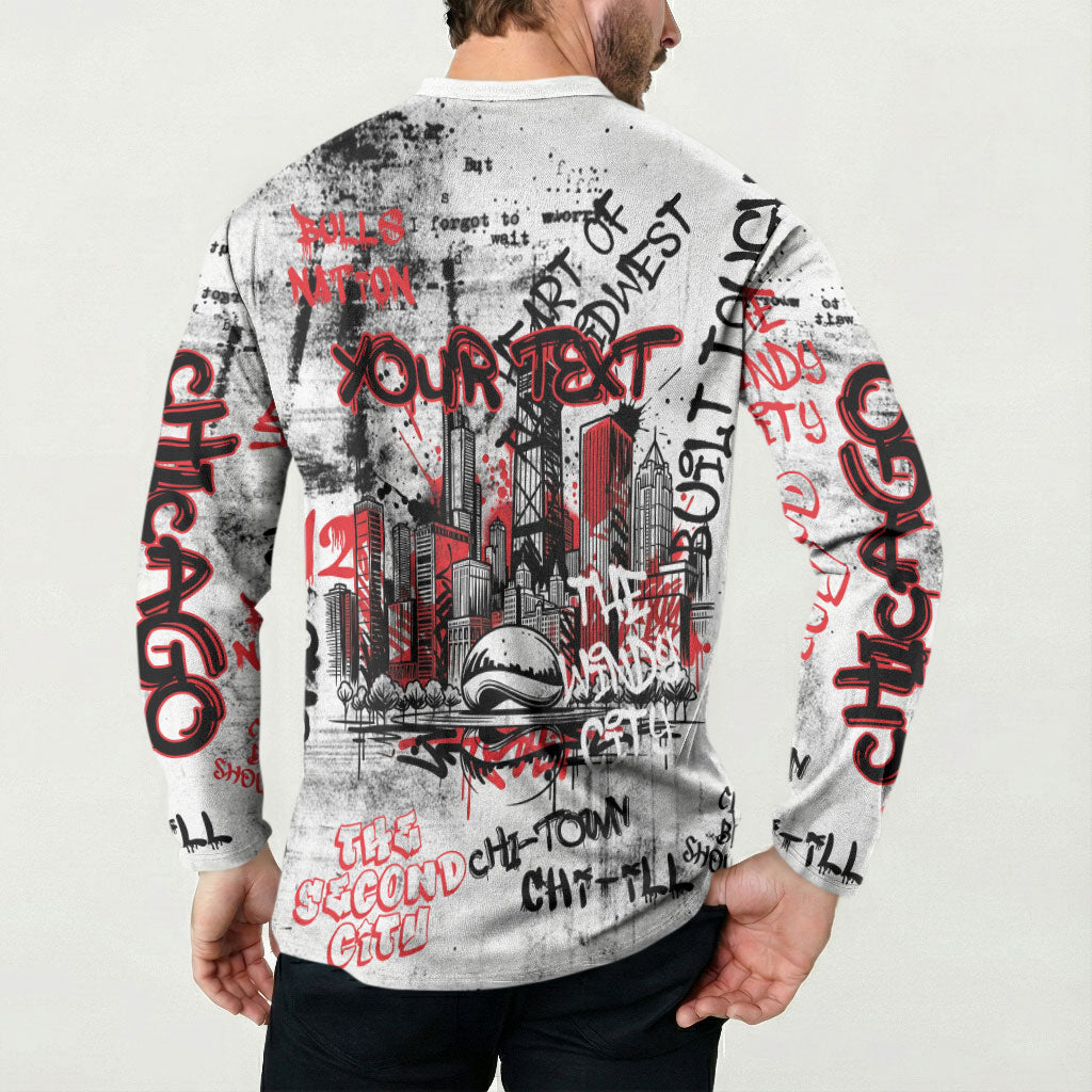 Personalized Chicago City Skyline Button Sweatshirt Urban Graffiti - Cloud Gate - Windy City Typography