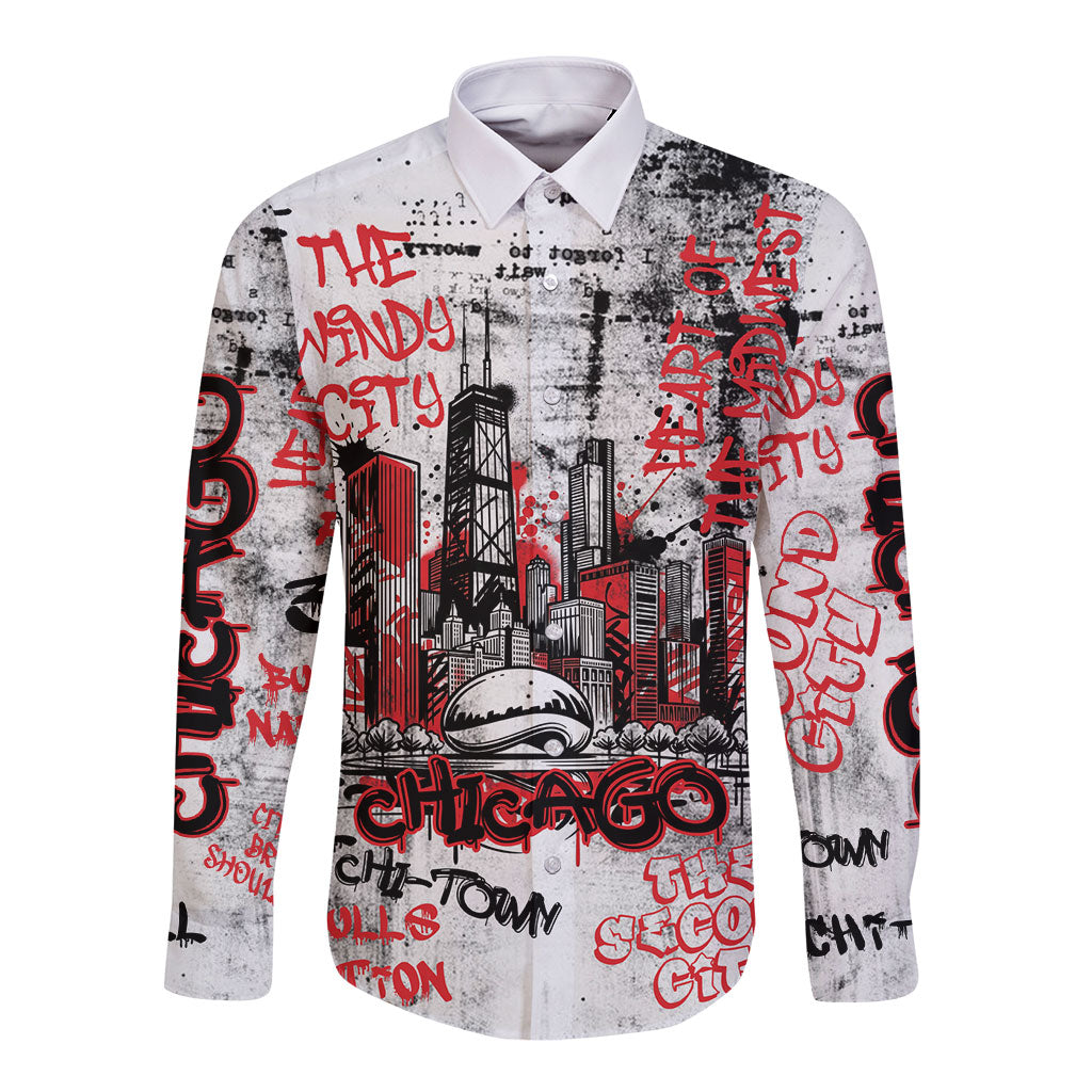 Personalized Chicago City Skyline Long Sleeve Button Shirt Urban Graffiti - Cloud Gate - Windy City Typography