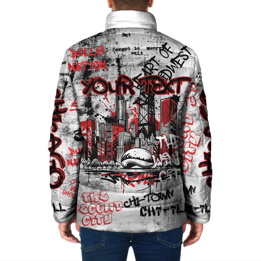 Personalized Chicago City Skyline Padded Jacket Urban Graffiti - Cloud Gate - Windy City Typography