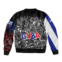 Black bomber jacket back with Cuban text, flag stripes, and monochrome city doodle print