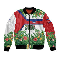 Cuba Floral Bomber Jacket Tropical Flower Design with Cuban Flag and Cuba en Flor Script - Wonder Print Shop