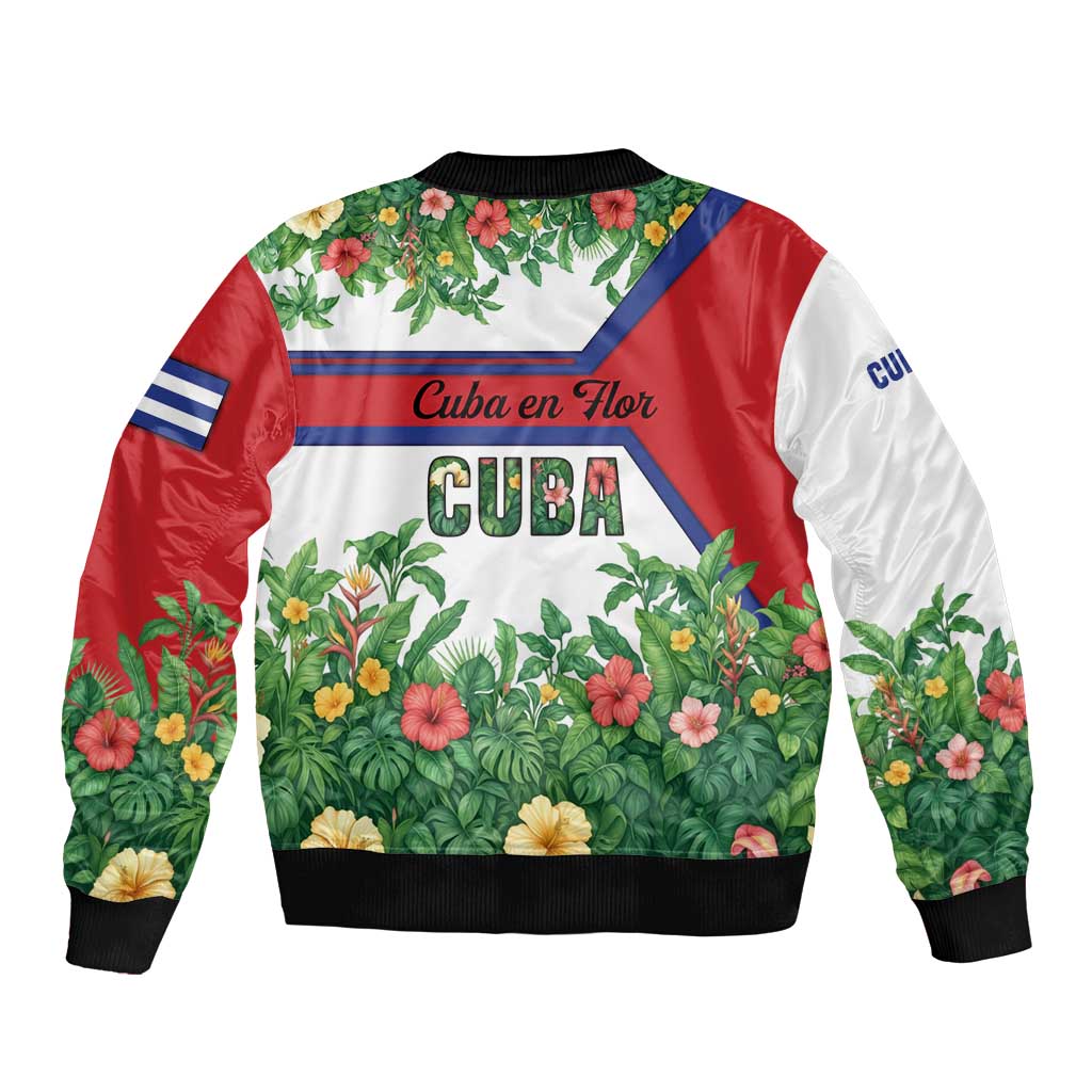 Cuba Floral Bomber Jacket Tropical Flower Design with Cuban Flag and Cuba en Flor Script - Wonder Print Shop