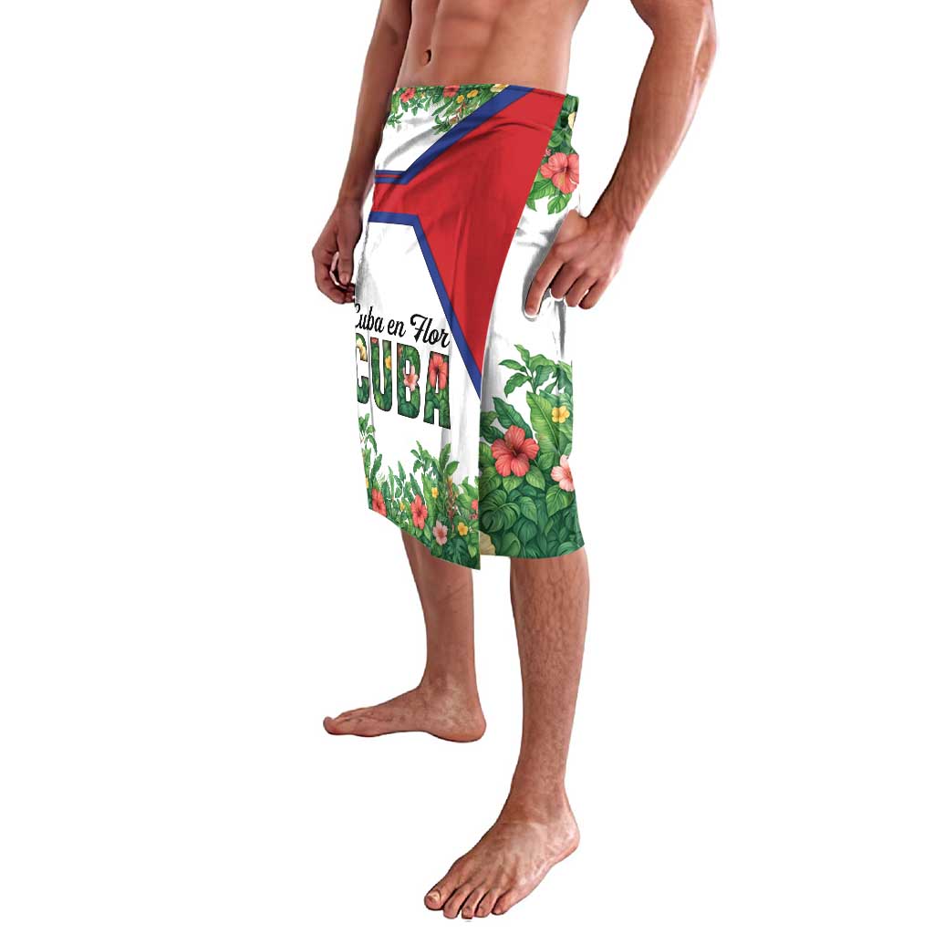 Tropical Cuban floral drawstring shorts, side view with red flag detail