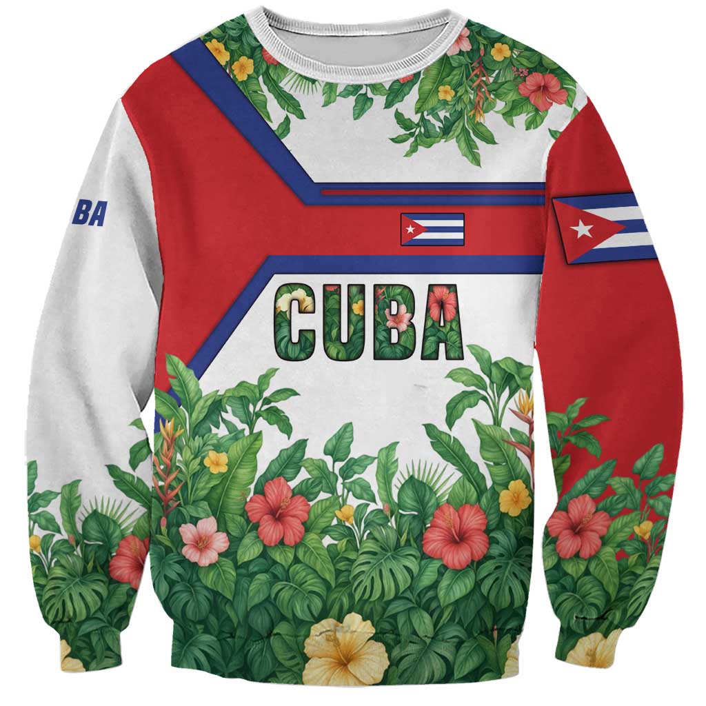 Unisex sweatshirt with tropical floral print, Cuba text, and Cuban flag stripes