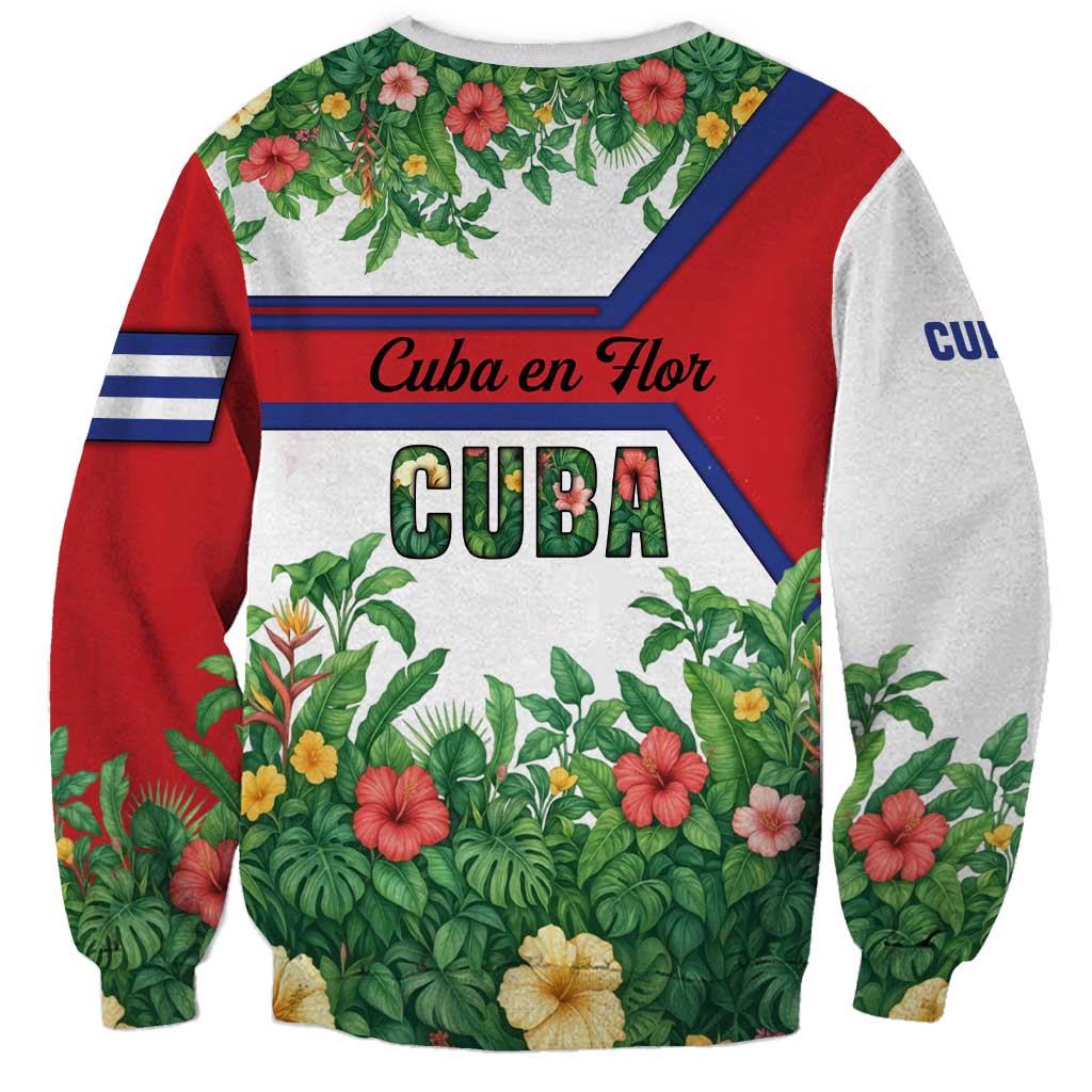 Unisex sweatshirt with floral design, Cuba en Flor script, and Cuban flag stripes