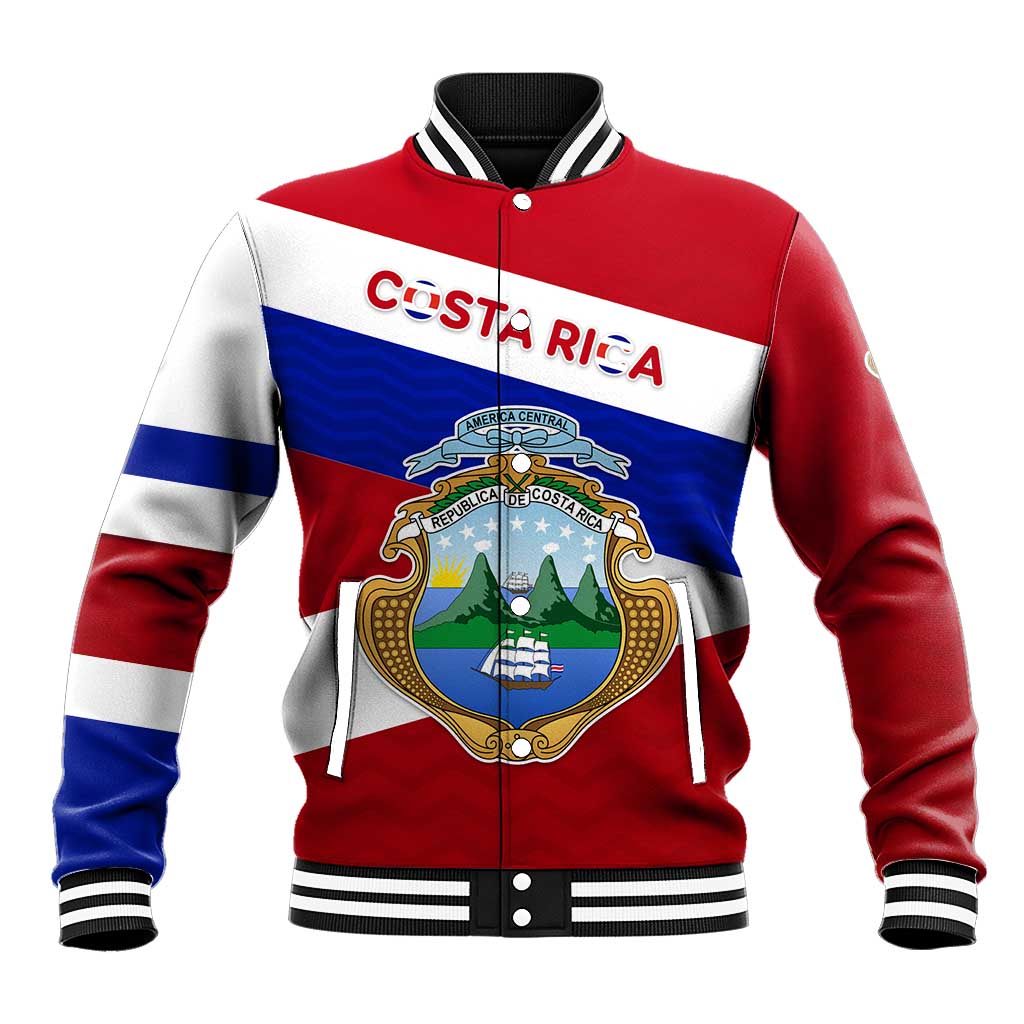 Red, white, and blue Costa Rica varsity baseball jacket with button front and crest graphic