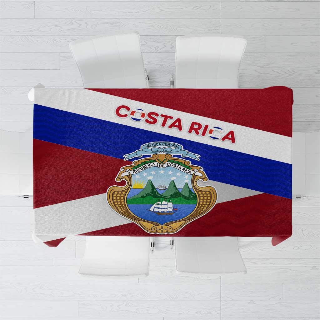 Costa Rica flag tablecloth with red, white, and blue stripes and national coat of arms