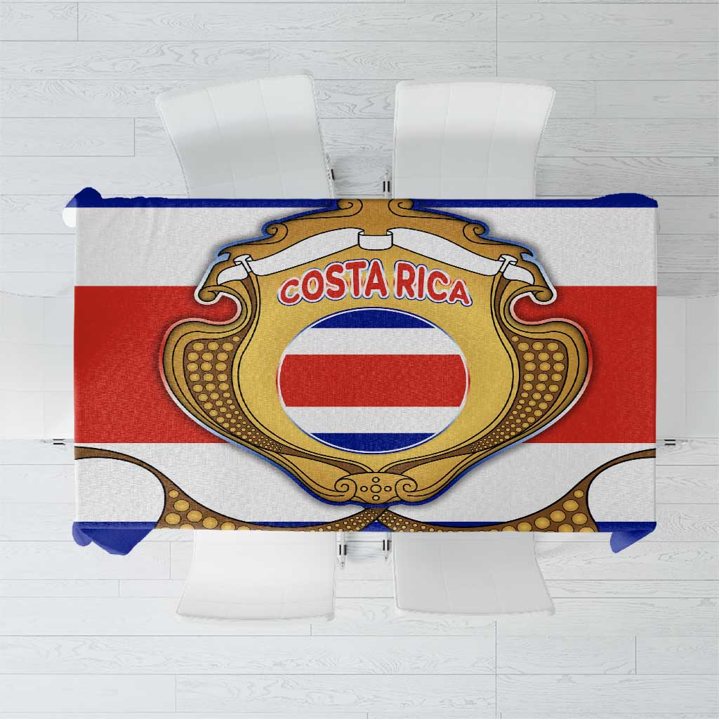 Costa Rica flag map tablecloth with gold crest, red white blue panel design