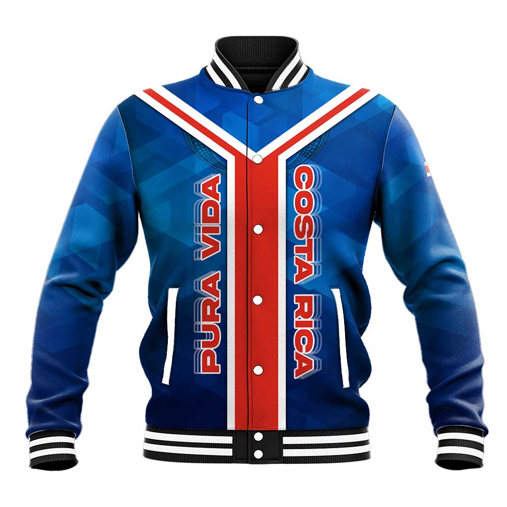 Blue baseball jacket with red/white stripe, button front; 'PURA VIDA' text on chest
