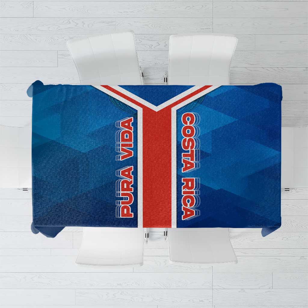Blue geometric tablecloth with red center stripe and Costa Rica flag lettering