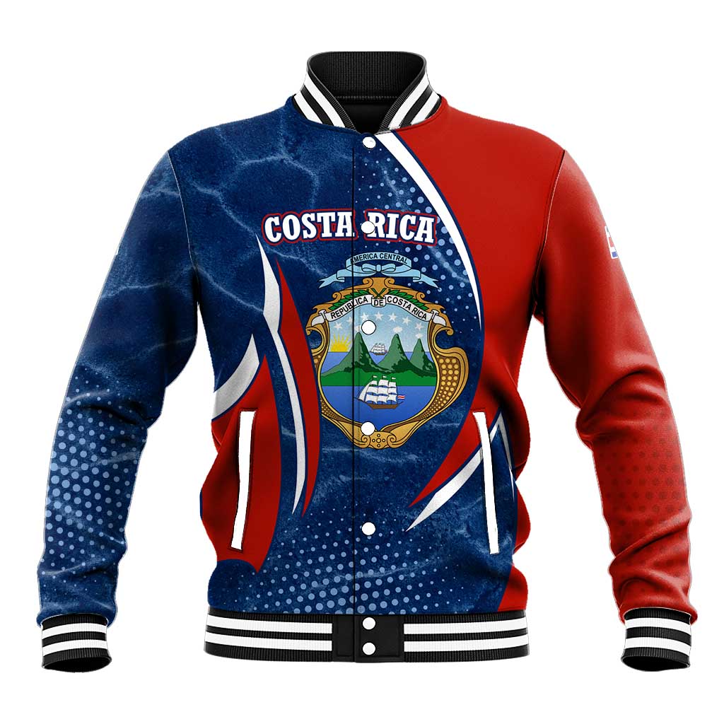 Multicolor baseball jacket with Costa Rica emblem, red/blue body, striped collar and cuffs