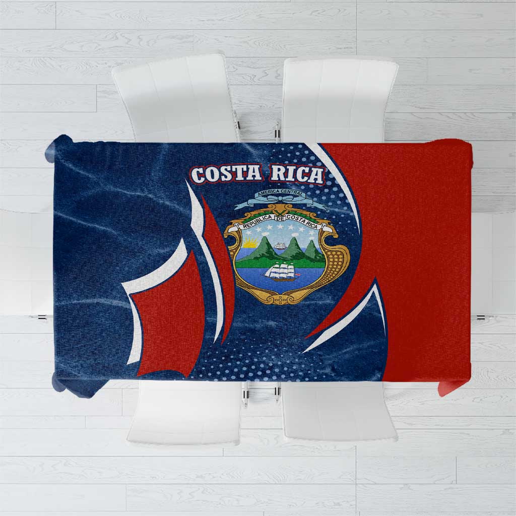 Costa Rica emblem tablecloth with red and blue design and purple flower accents