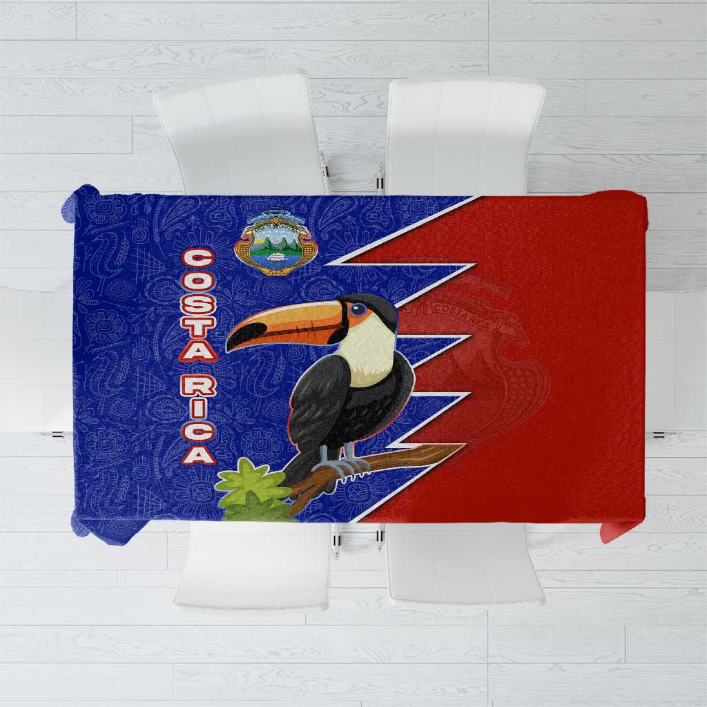 Costa Rica tablecloth, red and blue with toucan, national seal, and COSTA RICA text