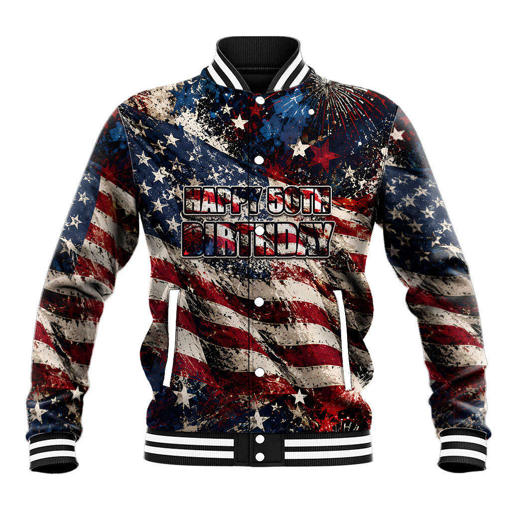 America Turns 250 Happy 50th Birthday Baseball Jacket Patriotic Eagle US Flag Distressed Splatter