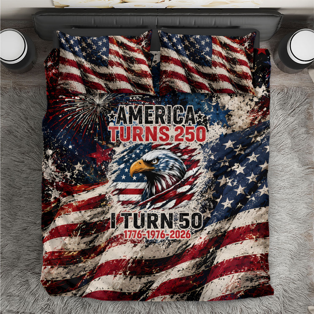 America Turns 250 Happy 50th Birthday Bedding Set Patriotic Eagle US Flag Distressed Splatter