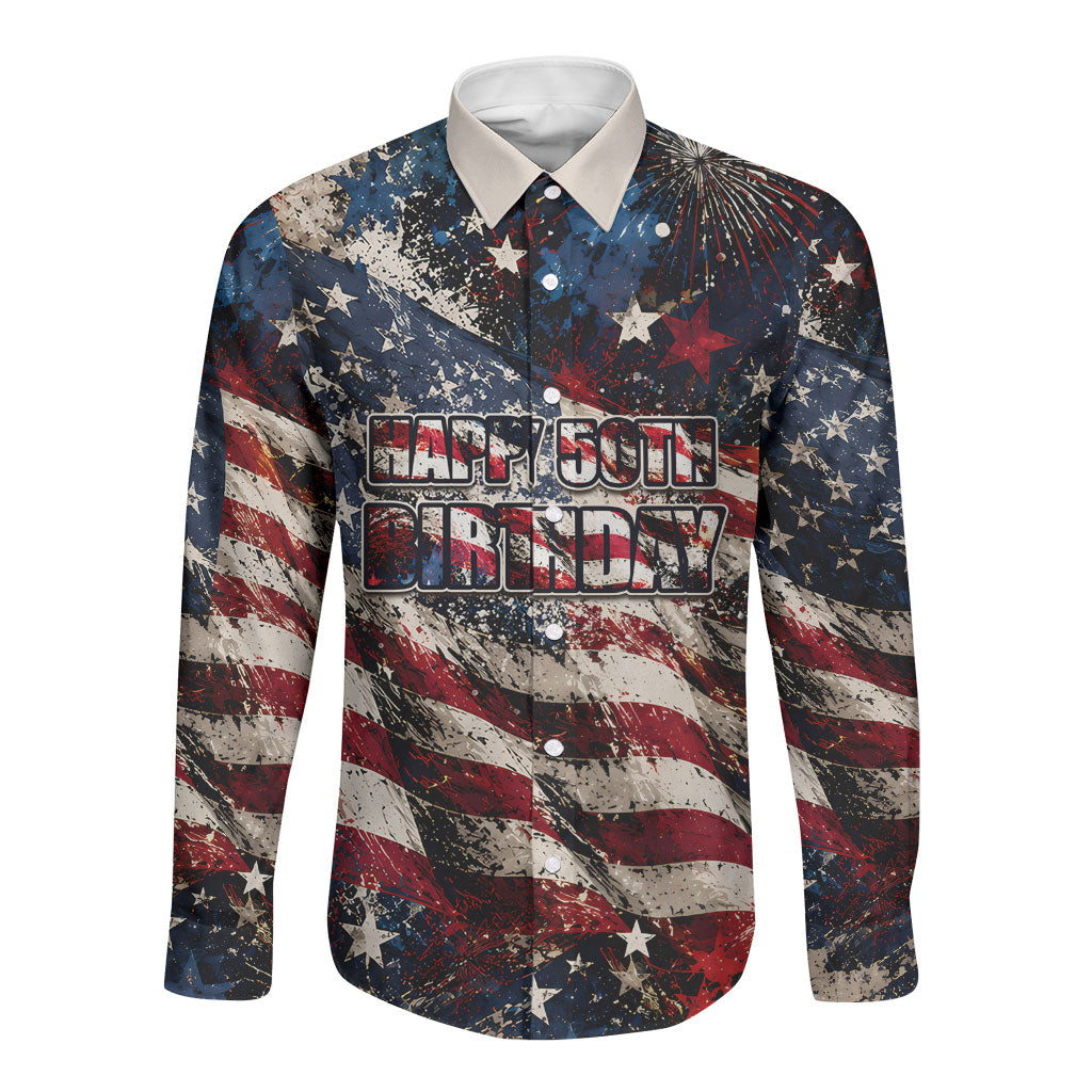 America Turns 250 Happy 50th Birthday Long Sleeve Button Shirt Patriotic Eagle US Flag Distressed Splatter
