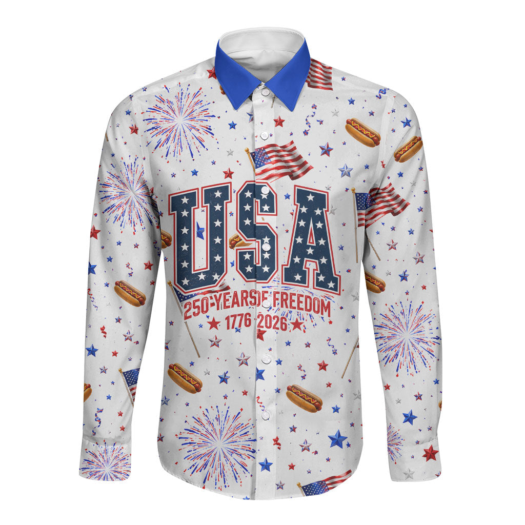 USA America Raccoon Hot Dog 250 Years Long Sleeve Button Shirt 4th of July 1776-2026 Patriotic Fireworks