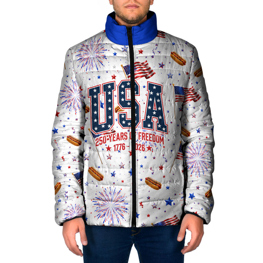 USA America Raccoon Hot Dog 250 Years Padded Jacket 4th of July 1776-2026 Patriotic Fireworks