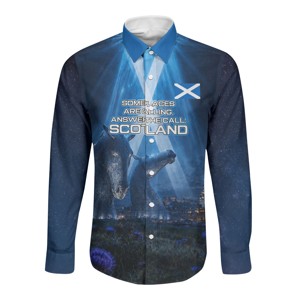 Scotland Kelpies And Unicorn UFO Long Sleeve Button Shirt Sci-Fi Alien Abduction And Magic Legends